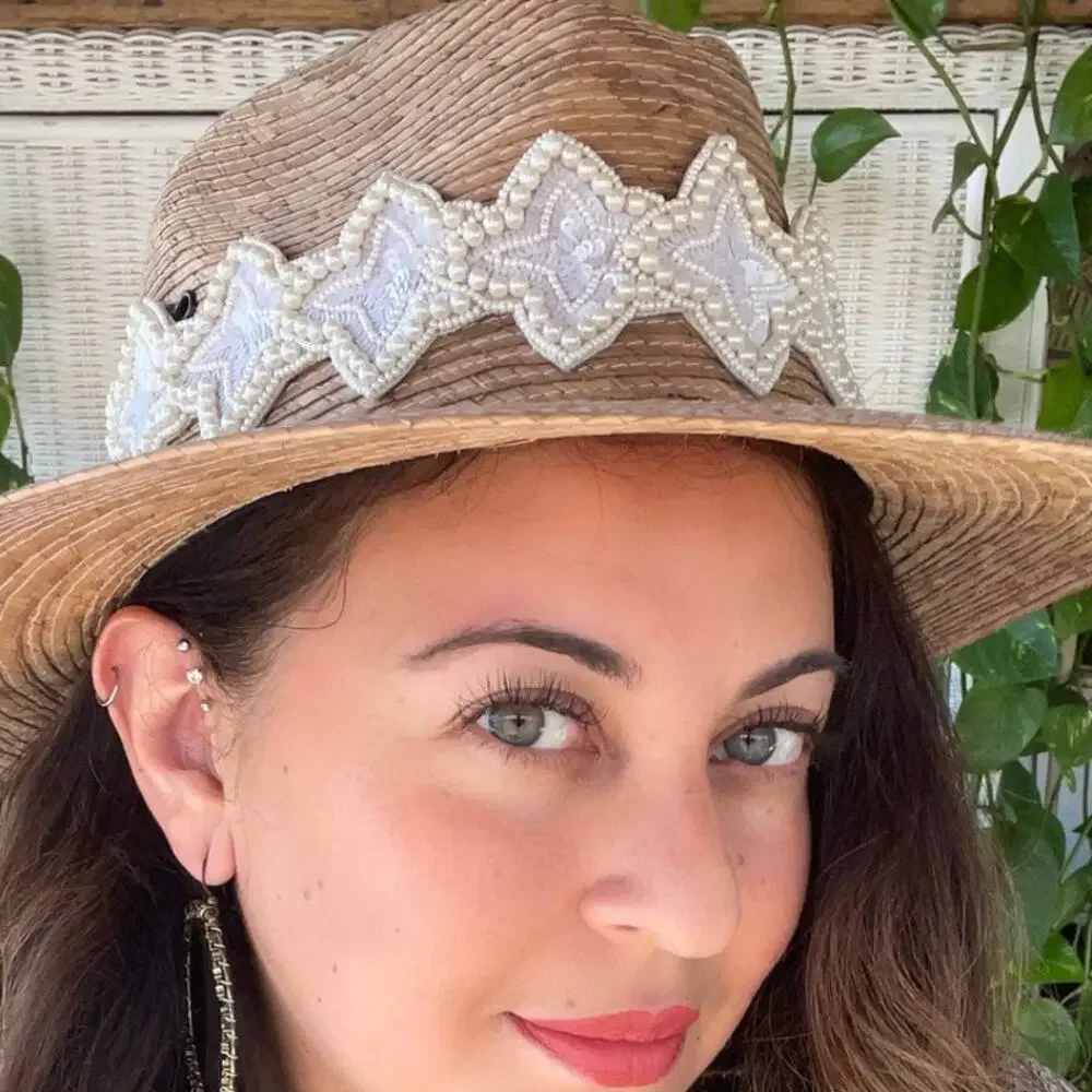 Beaded Star Adjustable Belt or Hat Band Ivory White